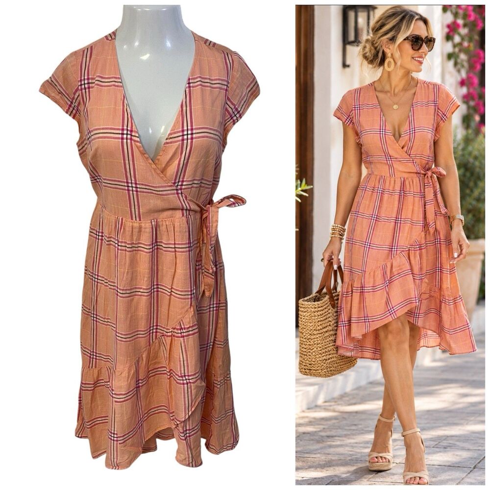 Old Navy Dress Womens S Peach Plaid Faux Wrap Midi Ruffle Belt Cotton Boho